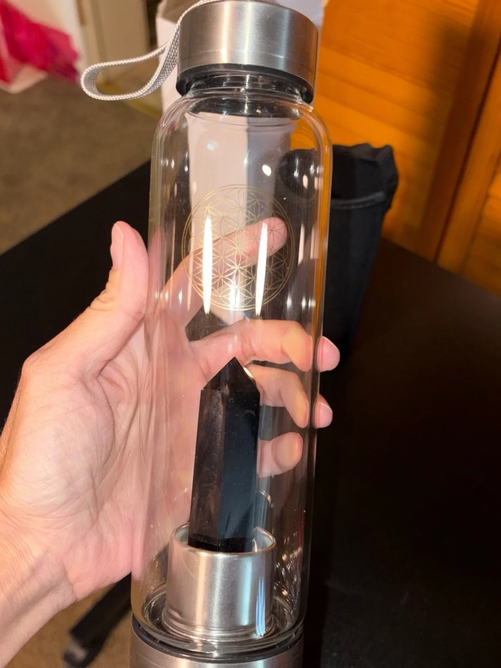 NIB Black Obsidian Crystal Glass Water Bottle with Sleeve